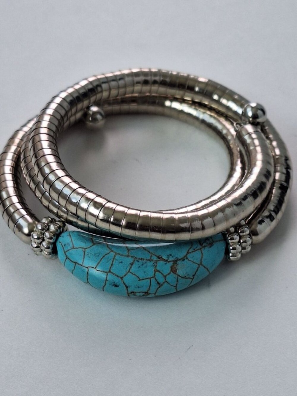 Vintage Southwestern Silver Tone Faux Turquoise Matrix Coil Wrap Bracelet